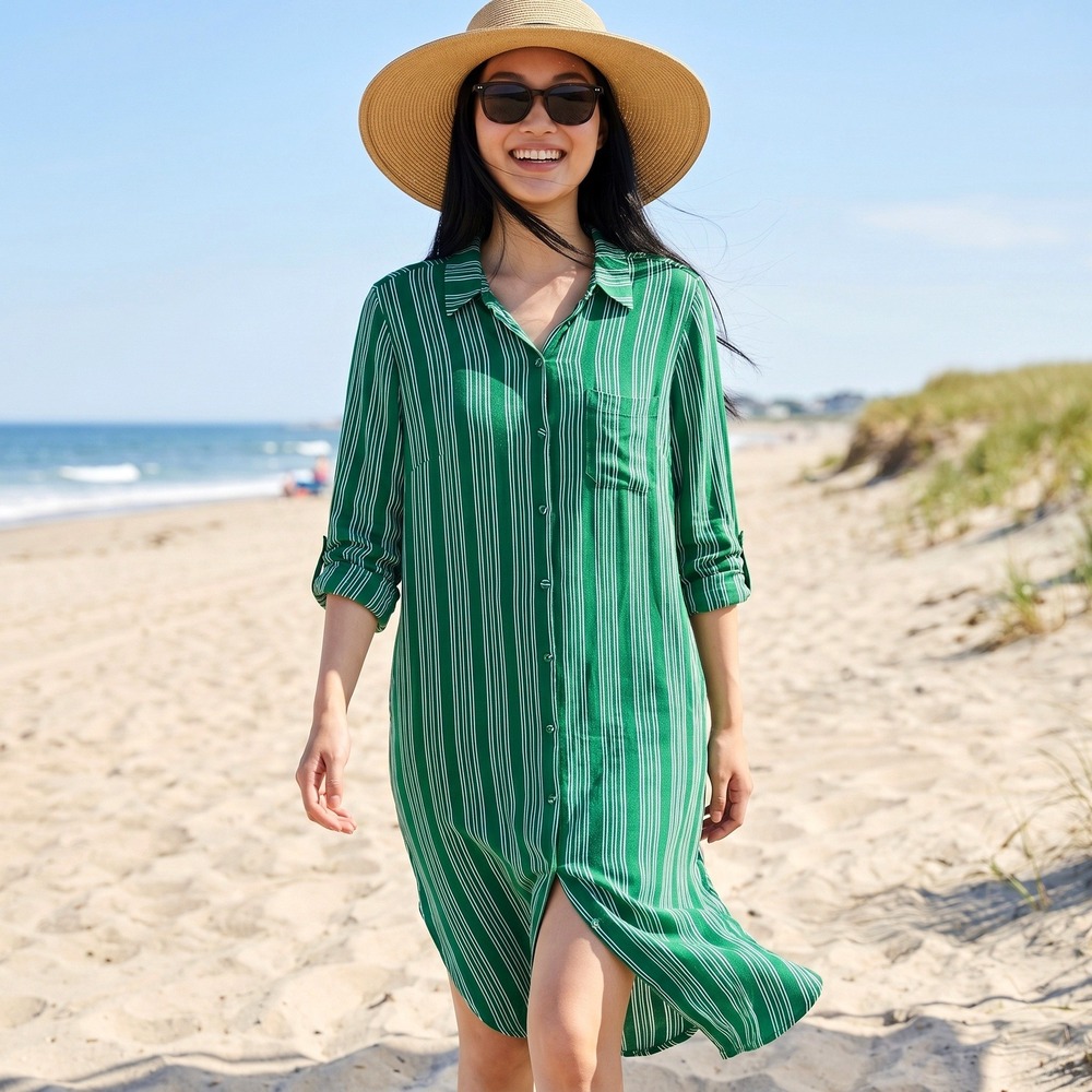 Maeve Anthropologie Striped‎ Maxi Shirt Dress Womens Medium Green Boho Casual